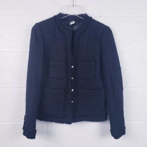 J. Crew Blazer Black Tweed Wool 4‎ Button Round Neck Frayed Edges Women's Size 2